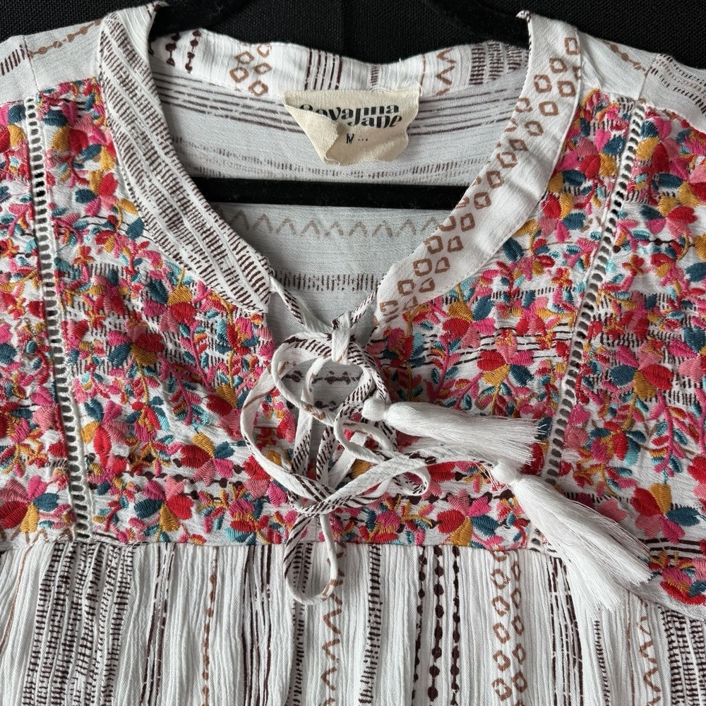 Savanna Jane Embroidered Boho Artisan Print Tassel Tunic Top M Hippie Festival - Picture 5 of 6